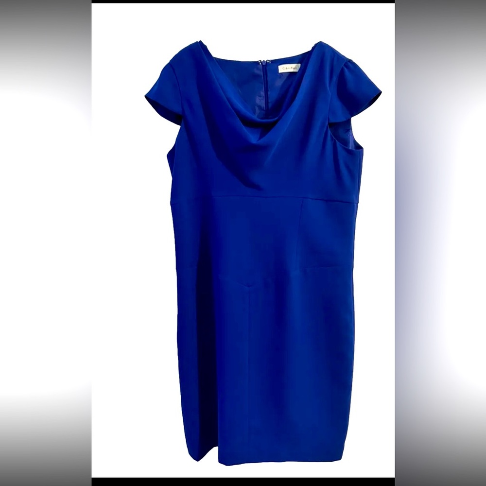 Calvin Klein Blue Sheath Dress Size 12 Zips Cowl Neck Cap Sleeve
